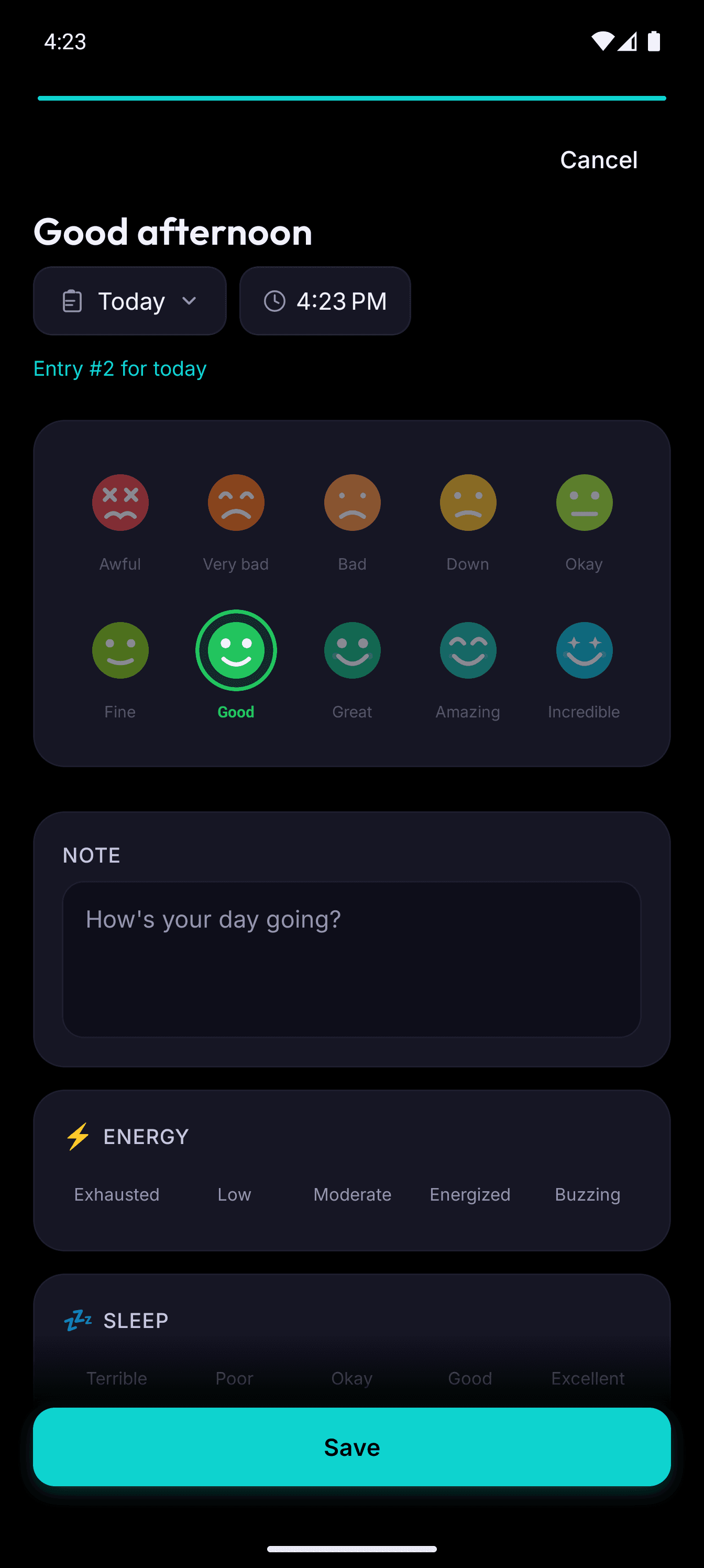 Mood check-in with tappable mood faces and time picker