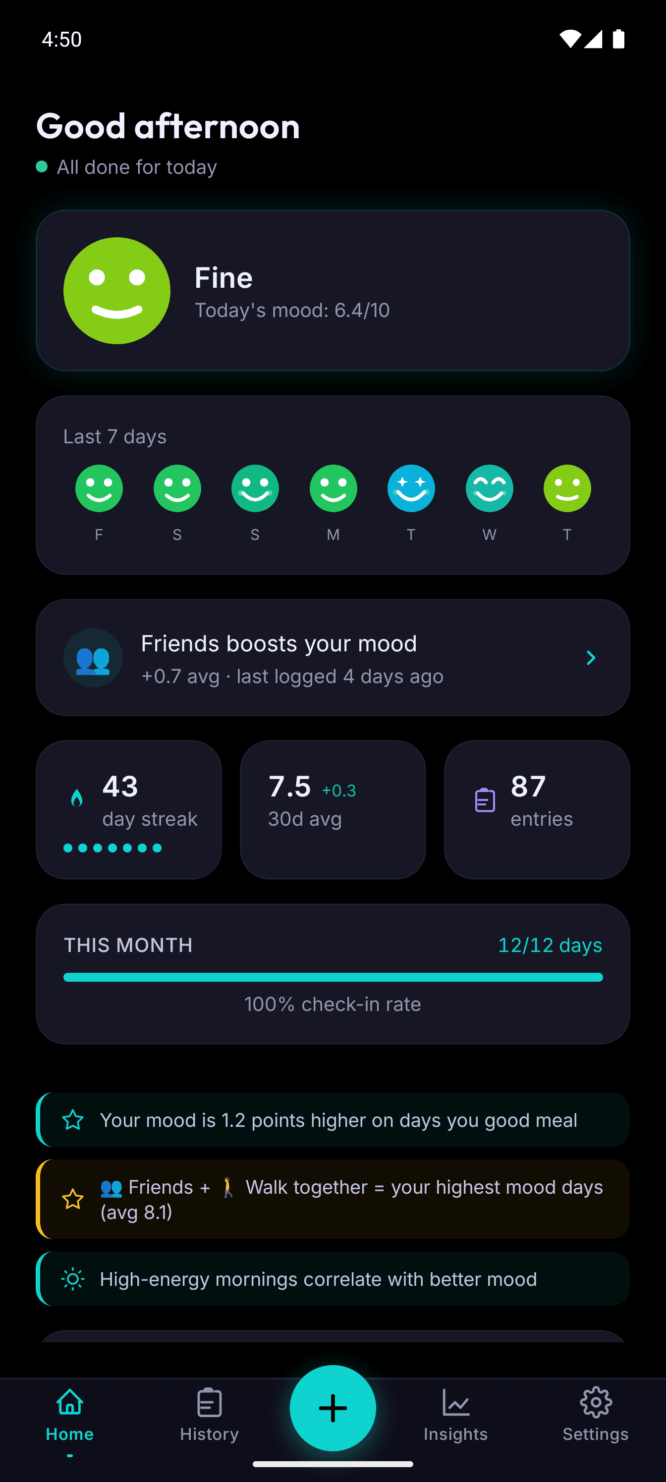 MoodArc home screen with streak, week dots, and goals