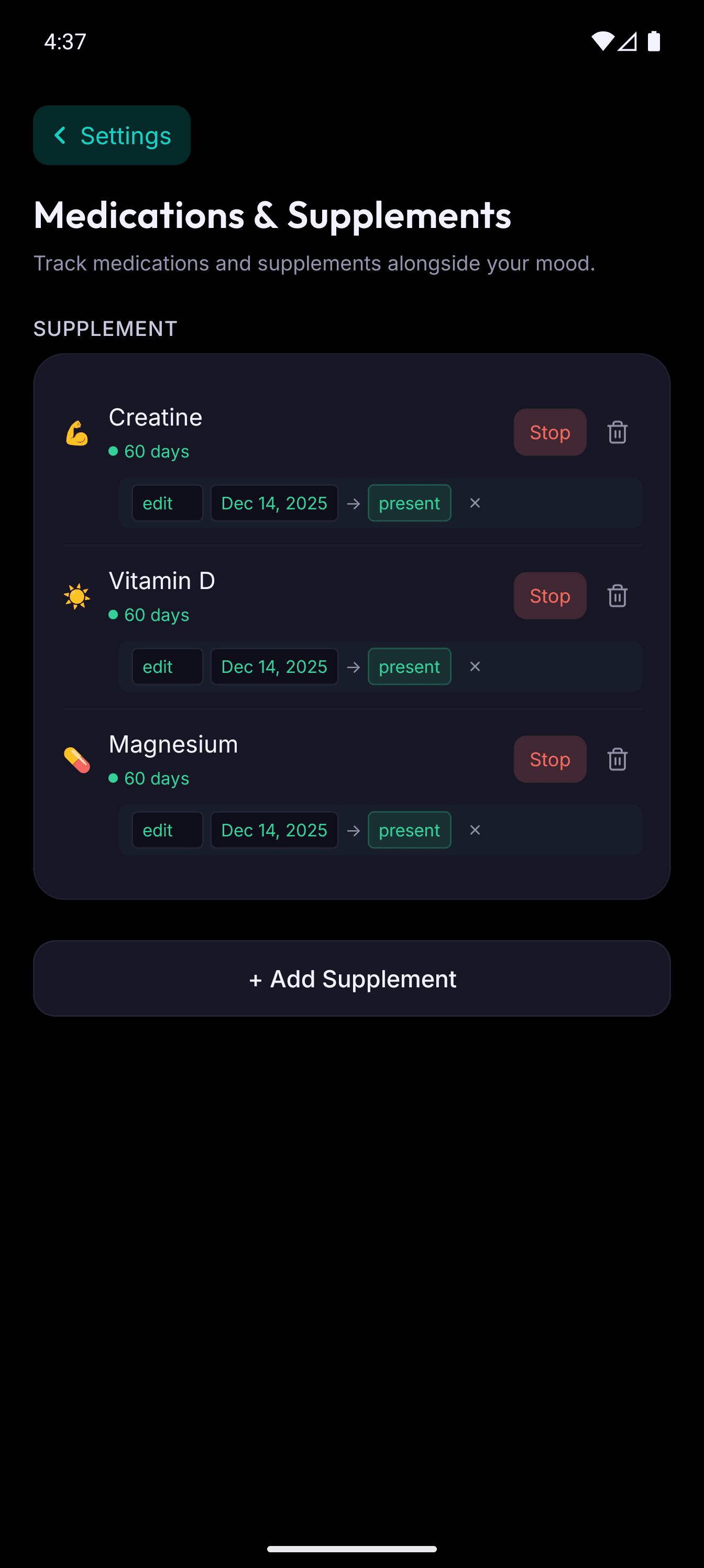 Medication and supplement tracking with onset timing